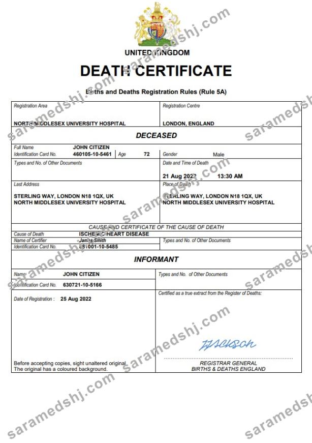 United Kingdom vital record death certificate Word and PDF template